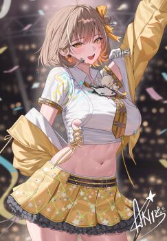 1girl absurdres anis_(nikke) anis_(star)_(t.t._star)_(nikke) breasts brown_eyes brown_hair cat_ornament cropped_shirt facial_mark goddess_of_victory:_nikke headset highres idol jacket katrinabluuuuu large_breasts navel necktie official_alternate_costume open_mouth plaid_clothes plaid_necktie shirt short_hair skirt smile solo standing star_(symbol) star_facial_mark thighs white_shirt yellow_jacket yellow_necktie yellow_skirt