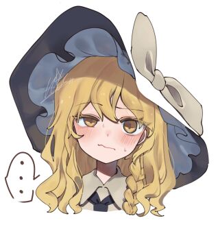 ... 1girl black_hat black_necktie blending blonde_hair blush bow braid closed_mouth cropped_head eyelashes half-closed_eye hat hat_bow highres kirisame_marisa looking_at_viewer medium_hair necktie niru_(ka_k_0517) portrait revision signature simple_background solo spoken_ellipsis sweat touhou wavy_mouth white_background white_bow yellow_eyes