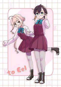 2girls aqua-framed_eyewear aqua_bow aqua_bowtie black_hair boots bow bowtie collared_shirt commentary_request double_bun dress dress_shirt full_body glasses green_eyes grey_pantyhose hair_bun halter_dress halterneck haoge highres kantai_collection lace-up_boots low_twintails makigumo_(kancolle) multiple_girls okinami_(kancolle) pantyhose pink_hair purple_dress shirt short_hair sleeves_past_fingers sleeves_past_wrists someno_haru standing twintails white_shirt yellow_eyes