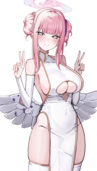 1girl absurdres alternate_costume angel_wings bare_shoulders black_eyes blue_archive blush breast_cutout breasts china_dress chinese_clothes closed_mouth clothing_cutout commentary covered_navel detached_sleeves dilated_pupils dot_nose double_bun double_v dress feathered_wings gradient_halo groin hair_bun hair_ribbon halo highres large_breasts looking_at_viewer low_wings mika_(blue_archive) multicolored_halo nephthys2356 nervous pink_hair pink_halo pink_pupils purple_ribbon revealing_clothes ribbon bad_tag see-through_silhouette sideboob simple_background skindentation sleeveless sleeveless_dress smile solo sweat thick_thighs thighhighs thighs underboob underboob_cutout v white_background white_dress white_ribbon white_sleeves white_thighhighs white_wings wings