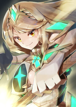 1girl blonde_hair chest_jewel closed_mouth commentary_request core_crystal_(xenoblade) dress gloves highres holding holding_sword holding_weapon long_hair looking_at_viewer mythra_(xenoblade) smile solo strail_cycleman sword tiara upper_body v-shaped_eyebrows weapon white_dress white_gloves xenoblade_chronicles_(series) xenoblade_chronicles_2 yellow_eyes
