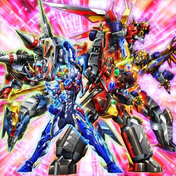 2boys acceptor armor assault_visor blue_eyes cannon denkou_choujin_gridman dinosaur drill drill_tank dynarex dynazenon_(character) full_powered_gridman gattai giant glowing glowing_eye glowing_eyes green_eyes gridknight_(ssss.gridman) gridman_(character) gridman_(denkou_choujin) gridman_(ssss) gridman_calibur gridman_universe gridman_universe_(movie) headphones helmet highres holding holding_cannon holding_sword holding_weapon horns kaiser_gridknight mecha mechanical_wings multiple_boys mutaguchi_hiroki no_humans open_hand open_hands orange_eyes powered_zenon robot science_fiction sharp_teeth shoulder_armor shoulder_cannon ssss.dynazenon ssss.gridman standing super_robot sword teeth tokusatsu v-fin weapon wheel wings yellow_eyes