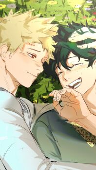 Rule 34 | 2boys, bakugou katsuki, blonde hair, boku no hero academia, closed eyes, closed mouth, commentary, english commentary, eyeempty, grass, green hair, green shirt, grey shirt, hands on another's head, happy, highres, long sleeves, male focus, midoriya izuku, multiple boys, on ground, open mouth, red eyes, shirt, short hair, smile, spiked hair, tears, yaoi