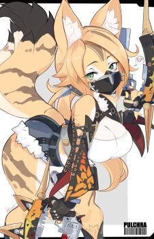 1girl animal_ear_fluff animal_ears bare_shoulders bent_over black_gloves black_mask blonde_hair blue_shorts body_fur breasts cat_ears cat_girl cat_tail character_name cleavage crop_top cross-laced_clothes cross-laced_sleeves dual_wielding feet_out_of_frame fingerless_gloves fur-trimmed_shorts fur_trim furry furry_female gloves green_eyes gun heart highres holding holding_gun holding_weapon jellcaps large_breasts long_hair looking_at_viewer mask mouth_mask multicolored_fur pulchra_fellini shirt shorts simple_background solo sparkle spoken_heart tail weapon white_background white_shirt yellow_fur zenless_zone_zero