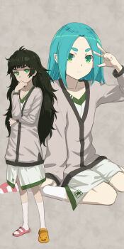 1girl 2girls aqua_hair blunt_bangs cosplay dress expressionless full_body green_eyes green_hair green_trim hair_down highres hikimayu hiyajou_maho hiyajou_maho_(cosplay) long_hair looking_at_viewer menomorute messy_hair monogatari_(series) multiple_girls ononoki_yotsugi science_adventure solo star_(symbol) star_print steins;gate steins;gate_0 tsukimonogatari very_long_hair