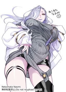 1girl bare_shoulders black_shorts black_thighhighs blue_lips breasts dress earrings eyeliner fate/grand_order fate_(series) grey_dress hair_over_one_eye highres hoop_earrings jacket jewelry large_breasts long_hair long_sleeves looking_at_viewer makeup mrs._snake_(fate) nekomata_naomi off_shoulder short_shorts shorts smile solo sweater sweater_dress tassel thighhighs thighs white_hair white_jacket yellow_eyes