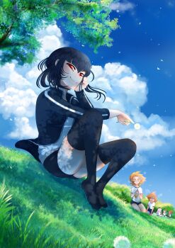 2boys 4girls absurdres alternate_costume asahina_aoi black_hair black_thighhighs brown_hair celestia_ludenberg cloud danganronpa:_trigger_happy_havoc danganronpa_(series) day fujisaki_chihiro grass highres kirigiri_kyoko long_hair multiple_boys multiple_girls naegi_komaru naegi_makoto outdoors red_eyes shirt short_hair sitting smile sportswear thighhighs trap tree twinklelitchii white_shirt