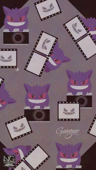 camera colored_sclera film_strip gen_1_pokemon gengar ghost grin highres looking_at_viewer meme_(sleepsheep) nintendo no_humans open_mouth pokemon pokemon_(creature) pokemon_focus red_eyes red_sclera smile teeth