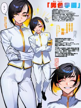 armband bishounen black_hair blonde_hair bob_cut bulge closed_eyes colored_inner_hair commentary_request eyeliner gloves grin highres lihayato makeup multicolored_hair original pants red_eyeliner smile translation_request white_gakuran white_gloves white_pants yellow_eyes