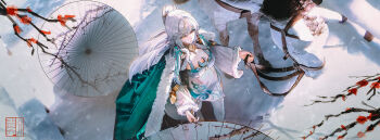 Rule 34 | 1girl, absurdres, blonde hair, blue hair, breasts, cape, chinese clothes, chinese commentary, cleavage, commentary request, crescent, dress, flower, fur trim, genshin impact, hair ornament, high ponytail, highres, holding, holding umbrella, horse, long hair, long sleeves, multicolored hair, oil-paper umbrella, plum blossoms, ponytail, snow, solo, streaked hair, tyhaya, umbrella, white hair, yellow eyes, zibai (genshin impact)