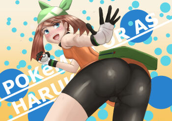 00s 1girl :d ass bandana bare_arms bare_shoulders bent_over bike_shorts blue_eyes blush breasts brown_hair cameltoe character_name collared_shirt fanny_pack female_focus from_behind gloves gradient_background green_bandana hand_up highres holding holding_poke_ball looking_at_viewer looking_back may_(pokemon) may_(pokemon_emerald) multicolored_gloves murai_niboshi nintendo open_mouth orange_shirt outstretched_arm outstretched_hand panties panties_under_bike_shorts pantylines poke_ball pokemon pokemon_(anime) pokemon_emerald pokemon_rse polka_dot polka_dot_background round_teeth shirt short_hair sideboob sleeveless sleeveless_shirt small_breasts smile solo sweat teeth underwear upper_teeth_only