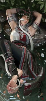 Rule 34 | 1girl, absurdres, armpit focus, armpits, arms behind head, black hair, blue eyes, bob cut, commentary, feet, fish, flower, foot focus, full body, headdress, highres, knees apart feet together, lying, medium hair, midriff peek, no shoes, on back, original, parted lips, plastron (necklace), ripples, rock, sang delan, seal impression, signature, silver bangle, snake, solo, stirrup legwear, toeless legwear, toes, water, white snake