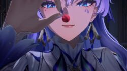 1girl :p animated audible_speech blue_dress blue_eyes cantarella_(wuthering_waves) cherry dress drooling eating english_audio food fruit hair_ornament hair_ribbon headdress highres jellyfish jellyfish_girl long_hair looking_at_viewer mole mole_under_eye nail_polish open_mouth ribbon saliva smile solo sound table tacet_mark_(wuthering_waves) tagme tongue tongue_out video wuthering_waves