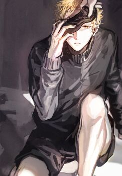 1boy 1other black_jacket black_shorts blonde_hair closed_mouth commentary full-length_zipper haikyuu!! jacket knee_up looking_at_viewer male_focus out_of_frame sato_(sato_1_11) short_hair shorts sitting sleep_mask solo_focus symbol-only_commentary tsukishima_kei yellow_eyes zipper zipper_pull_tab