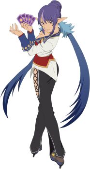 Rule 34 | 1girl, artist request, black pants, black shoes, blue hair, breasts, card, cleavage, closed mouth, from behind, full body, game cg, highres, holding, holding card, judith (tales), large breasts, long hair, looking at viewer, multicolored hair, official alternate costume, official art, pants, pointy ears, purple eyes, purple hair, shoes, smile, solo, tales of (series), tales of asteria, tales of vesperia, third-party source, transparent background, twintails, two-tone hair, very long hair