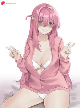 1girl absurdres alt_text artist_name bikini blue_eyes bocchi_the_rock! breasts cleavage commentary cube_hair_ornament double_v english_commentary gotoh_hitori hair_ornament highres kamisatoyuu large_breasts long_hair looking_at_viewer partially_shaded_face pink_hair pink_track_suit side_ahoge solo swimsuit thighs track_suit v very_long_hair white_bikini