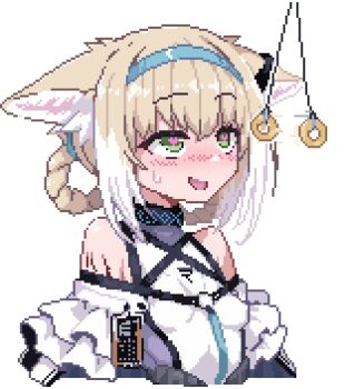 Rule 34 | 1girl, animal ear fluff, animal ears, arknights, bare shoulders, black choker, blonde hair, blue hairband, blush, braid, choker, earpiece, fox ears, fox girl, green eyes, hairband, heart, heart-shaped pupils, highres, hypnosis, looking at object, material growth, medium hair, mind control, multicolored hair, name tag, nose blush, o-ring, off shoulder, oripathy lesion (arknights), out of frame, pendulum, pixel art, rope, shimamuraa11451, shimenawa, skin tight, smile, solo, suzuran (arknights), sweat, symbol-shaped pupils, two-tone hair, white hair