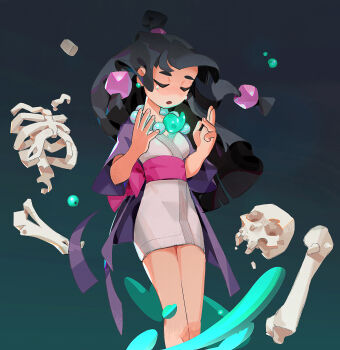 1girl absurdres ace_attorney balcony bone breasts closed_eyes commentary crying english_commentary geniski66 hair_ornament hanten_(clothes) highres japanese_clothes jewelry kimono long_hair magatama magatama_necklace maya_fey necklace pink_sash sash short_kimono skull small_breasts solo sphere_hair_ornament tears topknot very_long_hair