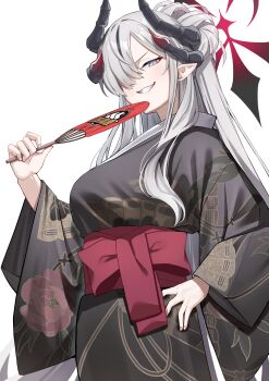 absurdres black_halo black_horns black_kimono blue_archive blue_eyes breasts commentary_request demon_girl eyeliner from_side gradient_halo gradient_horns grey_hair grin halo hand_fan hand_on_own_hip highres holding holding_fan horns japanese_clothes kimono large_breasts looking_at_viewer looking_to_the_side makeup makoto_(blue_archive) multicolored_halo multicolored_horns multiple_horns olecafe2 pandemonium_society_logo pointy_ears print_kimono red_eyeliner red_halo red_horns red_sash sash simple_background slit_pupils smile two-tone_halo upper_body white_background