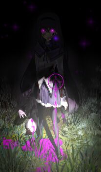 1girl akemi_homura argyle_clothes argyle_footwear black_boots black_capelet black_hair black_hairband blood blood_drip blood_on_clothes blood_on_face boots bow bowtie capelet chinese_commentary closed_mouth collared_capelet commentary_request commission creature crosshair dark dress expressionless frilled_skirt frills full_body glowing glowing_eyes grass gun hair_between_eyes hairband handgun high_collar highres holding holding_creature holding_gun holding_weapon kokaiff kyubey layered_sleeves long_hair long_sleeves looking_at_viewer mahou_shoujo_madoka_magica mahou_shoujo_madoka_magica_(anime) miniskirt night outdoors pleated_skirt pool_of_blood purple_blood purple_bow purple_bowtie purple_capelet purple_eyes purple_skirt short_dress skirt skirt_under_dress standing straight_hair thigh_boots two-tone_capelet very_long_hair weapon white_dress