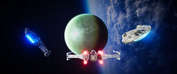 3d alien blender_(medium) commentary concept_art david_prassel english_commentary highres in_orbit maya_(medium) millennium_falcon moon no_humans outrider photoshop_(medium) planet realistic science_fiction space spacecraft star_wars star_wars:_shadows_of_the_empire starfighter t-65_x-wing thrusters x-wing zero_gravity