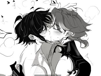 2boys blush braid commentary english_commentary french_kiss from_side genshin_impact greyscale heart highres kiss male_focus monochrome multiple_boys paid_reward_available short_hair side_braid sideburns single_braid unholy_zig upper_body venti_(genshin_impact) xiao_(genshin_impact) yaoi