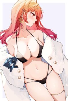 1girl absurdres alternate_costume bikini black_bikini blush border breasts buttons cleavage clothes_down collarbone commentary earrings fur_jacket gradient_hair hair_ornament hairclip halterneck highres hololive hololive_dev_is ichijou_ririka jacket jewelry large_breasts long_hair looking_to_the_side multi-strapped_bikini_bottom multicolored_hair navel open_clothes open_jacket orange_eyes orange_hair parted_lips pink_hair purple_background simple_background solo stomach string_bikini swimsuit thigh_gap thighlet twitter_username virtual_youtuber white_border yuzureei