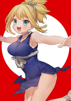 1girl :d armpits bare_arms bare_shoulders blonde_hair blue_dress blue_eyes blush breasts choker dr._stone dress highres kohaku_(dr._stone) large_breasts looking_at_viewer open_mouth outstretched_arms ponytail red_background rope rope_belt short_dress sleeveless sleeveless_dress smile solo spread_arms teeth thighs tomo_(sjim) two-tone_background upper_teeth_only white_choker