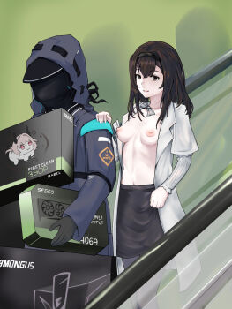 1girl 1other 3_iq_tuna :3 among_us arknights black_hairband black_jacket black_skirt box breasts brown_hair coat commentary cowboy_shot doctor_(arknights) doro_(nikke) english_commentary escalator gloves goddess_of_victory:_nikke graphics_card hairband hand_on_another&#039;s_shoulder highres holding hood hood_up hooded_jacket indoors jacket long_hair long_sleeves medium_breasts navel nipples nvidia pencil_skirt photo-referenced pink_hair priestess_(arknights) red_eyes shirt skirt standing theresa_(arknights) variant_set white_coat