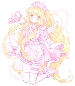 1girl angel_wings apron arms_behind_back atashi_(chobits) back_bow blonde_hair blunt_bangs bow chii chobits closed_mouth collared_dress colored_skin dot_mouth dress expressionless fake_wings flat_chest floating_hair frilled_apron frilled_bow frilled_headwear frilled_thigh_strap frills full_body hair_bow hair_ornament hat highres holding holding_syringe humanoid_robot kneeling large_syringe long_hair looking_at_viewer low_twintails mipi_(u3u_00) nurse nurse_cap oversized_object persocom pink_bow pink_dress pink_headdress pink_shoes puffy_short_sleeves puffy_sleeves robot robot_ears shoe_soles shoes short_sleeves simple_background skindentation solo stethoscope syringe thigh_strap thighhighs twintails very_long_hair white_apron white_background white_bow white_skin white_thighhighs white_wings wings x_hair_ornament yellow_eyes