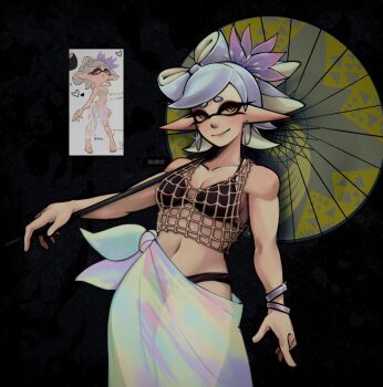1girl bikini black_bikini bracelet breasts brown_eyes cleavage closed_mouth collarbone earrings grey_hair highres hojinxs holding holding_umbrella hoop_earrings jewelry looking_at_viewer marie_(splatoon) medium_breasts nintendo parasol pointy_ears reference_inset short_hair smile solo splatoon_(series) swimsuit umbrella