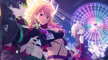 3girls black_eyes black_hair blue_eyes breasts carousel cleavage cloud detached_sleeves earrings ferris_wheel fingerless_gloves game_cg gloves grey_hair idol_clothes idolmaster idolmaster_shiny_colors idolmaster_shiny_colors_song_for_prism izumi_mei jewelry mayuzumi_fuyuko midriff multicolored_hair multiple_girls navel official_art orange_eyes profile purple_hair red_hair roller_coaster serizawa_asahi straylight_(idolmaster)