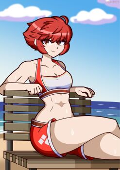 1girl abs alternate_costume armpits artist_name bare_arms bare_shoulders beach bench bikini blue_sky breasts cloud collarbone commentary day english_commentary fire_emblem fire_emblem_fates highres hinoka_(fire_emblem) monolith_tk navel nintendo ocean on_bench outdoors red_bikini red_eyes red_hair sand short_hair sky small_breasts smile solo stomach sweat swimsuit thighs toned toned_female wooden_bench
