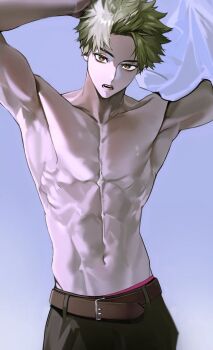 1boy abs armpits belt black_pants brown_belt brown_eyes commentary_request dao8_33 green_hair holding holding_unworn_clothes korean_commentary kotaro_tamon looking_at_viewer male_focus male_underwear male_underwear_peek navel no_nipples pants pectorals phantom_busters shirt short_hair solo toned toned_male topless_male underwear white_shirt