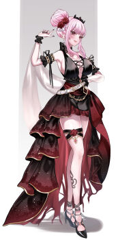 Rule 34 | 1girl, alternate hair length, alternate hairstyle, armband, belt, black dress, black nails, black shoes, blush, breasts, cleavage, commentary, cross-laced clothes, cross-laced dress, dress, earrings, english commentary, evening gown, flower, hair bun, hair flower, hair ornament, hand up, high-low dress, highres, hololive, hololive english, jewelry, large breasts, long hair, looking at viewer, miza8276, mori calliope, nail polish, pearl hair ornament, pink hair, rose, shawl, shoes, single hair bun, single side bun, skull earrings, sleeveless, sleeveless dress, smile, solo, thigh strap, tiara, virtual youtuber, white belt, white shawl, wrist cuffs