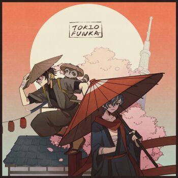 Rule 34 | 2boys, ajirogasa, animal, animal on shoulder, architecture, astel leda, bandaged arm, bandaged hand, bandages, black gloves, black hair, black shirt, blonde hair, blouse, blue hair, blue kimono, border, bridge, cherry blossoms, collarbone, east asian architecture, echo (k 521212), faceless, faceless male, falling petals, fingerless gloves, full body, gloves, gradient background, green eyes, hand on headwear, hat, highres, holding, holding umbrella, holostars, house, japanese clothes, kimono, kotatsu (yatogami fuma), lantern, looking at viewer, male focus, multicolored hair, multiple boys, oil-paper umbrella, okobo, petals, platform sandals, raccoon, red sash, red scarf, samue, sandals, sandogasa, sarashi, sash, scarf, shirt, short hair, smile, song name, squatting, standing, streaked hair, tasuki, tokio funka (vocaloid), tower, tree, two-tone hair, umbrella, upper body, virtual youtuber, vocaloid, yatogami fuma, zouri