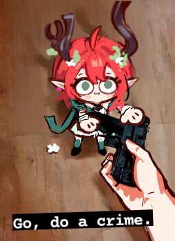 1girl 1other :3 ciaccona_(wuthering_waves) commentary_request dress film_grain giving go_do_a_crime_(meme) green_eyes green_jacket gun highres horns jacket jhenny345 medium_hair meme mini_person minigirl pointy_ears pov pov_hands red_hair sidelocks spanish_commentary tree_horns weapon white_dress wuthering_waves