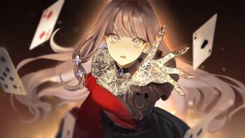 1girl ace_(playing_card) ace_of_hearts ace_of_spades black_choker black_dress black_wrist_cuffs blurry brown_eyes brown_hair card choker commentary_request depth_of_field dress earrings floral_print floral_print_sleeves frilled_wrist_cuffs frills gloves hair_ornament heart highres indie_utaite jewelry lace lace_gloves lace_sleeves lace_trim long_hair looking_at_viewer multicolored_dress nine_of_spades nxmly pendant_choker playing_card reaching reaching_towards_viewer red_dress spade_(shape) two-sided_dress two-sided_fabric two_of_diamonds wrist_cuffs