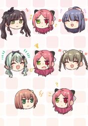 Rule 34 | 6+girls, :d, ?, ^ ^, amamiya sophia seren, assault lily, black flower, blush, bow, braid, brown hair, chibi, closed eyes, closed mouth, commentary, flower, flower (symbol), flying sweatdrops, french braid, fukuyama jeanne sachie, green bow, green eyes, green hair, grey bow, grey hair, grid background, hair bow, hair flower, hair ornament, hair ribbon, hairpods, half updo, head only, heterochromia, kamigoori marimo, kishimoto lucia raimu, lightning bolt symbol, long hair, looking ahead, looking at another, looking to the side, low twintails, mole, mole under eye, multiple girls, multiple views, nigari (ngari 0115), notice lines, one side up, open mouth, orange hair, parted bangs, pink background, pink bow, puff of air, red eyes, red hair, ribbon, shiba tomoshibi, short hair, sideways glance, smile, squiggle, sweatdrop, twin braids, twintails, ueda imari, v-shaped eyebrows, wavy hair, wavy mouth, white ribbon, yellow flower