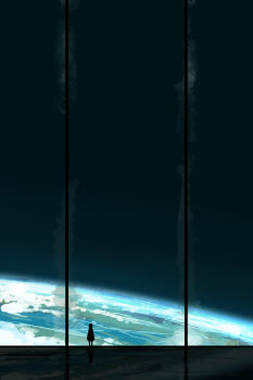 1girl absurdres black_sky dress earth_(planet) frost gracile highres original planet reflection reflective_floor scenery science_fiction silhouette sky solo space spacecraft_interior standing window