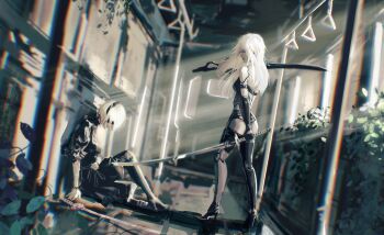 2b_(nier:automata) 2girls a2_(nier:automata) android ass bare_shoulders black_dress black_gloves black_hairband blindfold boots breasts covered_eyes dress dutch_angle elbow_gloves feather-trimmed_sleeves feather_trim from_side gloves hairband handle head_down high_heel_boots high_heels highres holding holding_sword holding_weapon injury joints juliet_sleeves katana light_rays long_hair long_sleeves looking_at_another looking_down medium_breasts multiple_girls nier:automata nier_(series) overgrown plant pole puffy_sleeves robot_joints scenery shadow short_hair sitting standing sunbeam sunlight sword thighhighs train train_interior type-4o_sword virtuous_contract weapon white_hair yautja