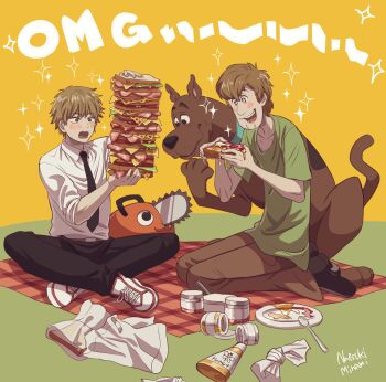 +_+ 2boys :d artist_name belt black_necktie black_pants brown_eyes brown_hair brown_pants chainsaw_man crossover denji_(chainsaw_man) dog dress food full_body green_dress green_shirt highres indian_style male_focus multiple_boys mustard_bottle natsuki_nori necktie open_mouth pants picnic plate pochita_(chainsaw_man) sandwich scooby-doo scooby-doo_(character) shaggy_rogers sharp_teeth shirt shoes short_hair short_sleeves sitting sleeves_rolled_up smile sneakers spoon teeth two-tone_background white_footwear white_shirt yellow_background