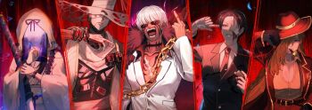 Rule 34 | 2girls, 3boys, araya (project moon), bald, belt, black gloves, black hair, black jacket, black necktie, black suit, blood, blood on face, blue ribbon, blue veil, breasts, brown hair, callisto (project moon), chain, cigar, cleavage, coat, collared shirt, colored skin, commentary request, covered eyes, cracked mask, cyborg, dark-skinned male, dark skin, expressionless, eye mask, facial tattoo, facing viewer, formal clothes, full body, fur trim, gloves, hair over one eye, half eye mask, hat, hat over eyes, holding own wrist, hooded kimono, index finger raised, jacket, japanese clothes, joints, kimono, large breasts, limbus company, long hair, long sleeves, looking at viewer, mask, mask over one eye, matthias (project moon), middle finger, multicolored hair, multiple boys, multiple girls, neck tattoo, necktie, one eye covered, ootachi, open mouth, pants, parted lips, pinky out, project moon, red background, red coat, red hat, red pants, ribbon, rien (project moon), ring finger raised, rinne (poyonpoyon o0), robe, robot boy, robot joints, scar, scar on chest, scarf, shirt, short hair, skin seams, small breasts, smile, smoking, streaked hair, string, string around finger, string of fate, string on pinky, suit, suit jacket, sunglasses, sword, tattoo, thumb, valencina (project moon), veil, veil over eyes, wataboushi, weapon, white gloves, white hair, white hat, white hood, white kimono, white mask, white robe, white scarf, white shirt, white skin, white streaks, white suit, white veil, wide brim