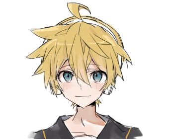 1boy ahoge blonde_hair blue_eyes blue_sailor_collar blush closed_mouth commentary hair_between_eyes headphones kagamine_len qls sailor_collar short_hair simple_background smile solo vocaloid white_background