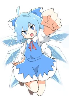 1girl ahoge blue_dress blue_eyes blue_hair cirno dress full_body highres ice ice_wings kyoroniki looking_at_viewer open_mouth short_hair simple_background solo touhou white_background wings