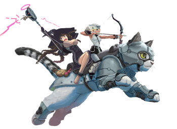 1other 2girls animal_ears animal_hands armor arrow_(projectile) blonde_hair bow_(weapon) braid breasts brown_hair cat elf feet full_body glasses green_eyes hat helmet highres kakuchoshi large_breasts long_hair medium_breasts multiple_girls open_mouth original pointy_ears potion riding size_difference tail weapon whiskers white_background witch witch_hat yellow_eyes