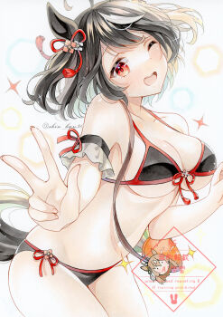 1girl absurdres ahoge alternate_costume animal_ears bikini black_bikini black_hair blush bow breasts brown_hair character_charm charm_(object) cleavage commentary_request detached_sleeves ear_ornament ear_ribbon highres horse_ears horse_girl horse_tail kitasan_black_(umamusume) large_breasts looking_at_viewer multicolored_hair navel open_mouth satono_diamond_(umamusume) shin_kun30 short_hair smile solo stomach streaked_hair swimsuit tail two_side_up umamusume underboob w white_hair white_streaks
