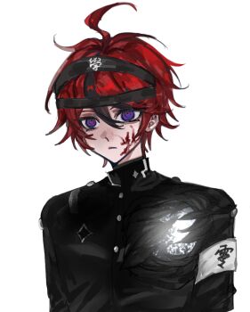 1boy ahoge armband black_hair black_jacket blood blood_on_face blue_eyes buttons chinese_commentary closed_mouth commentary_request empty_eyes gaibopian gakuran hair_between_eyes high_collar hole_in_chest hole_on_body jacket last_defense_academy_school_uniform long_sleeves male_focus multicolored_hair red_hair school_uniform short_hair solo streaked_hair sumino_takumi the_hundred_line_-last_defense_academy- transparent_background two-tone_hair upper_body white_armband