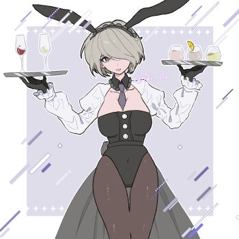 1girl absurdres alternate_costume animal_ear_hairband animal_ears between_breasts black_gloves black_leotard breasts brown_pantyhose cleavage collarbone commentary covered_navel cowboy_shot danganronpa_(series) danganronpa_v3:_killing_harmony detached_collar eyelashes fake_animal_ears frilled_sleeves frills gloves grey_hairband hair_over_one_eye hairband highres holding holding_tray juliet_sleeves lace-trimmed_hairband lace_trim large_breasts leotard long_sleeves looking_at_viewer man_ni necktie necktie_between_breasts nontraditional_playboy_bunny outline pantyhose puffy_sleeves rabbit_ear_hairband rabbit_ears rabbit_tail short_hair smile strapless strapless_leotard tail tojo_kirumi tray twitter_username white_outline