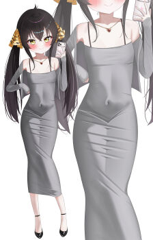 1girl absurdres ankle_strap black_hair black_shoes blush cellphone covered_groin covered_navel dongtan_dress dress fella_(vpffk0731) fingernails flat_chest grey_dress grey_jacket highres holding holding_phone idolmaster idolmaster_cinderella_girls jacket jewelry loli matoba_risa nail_polish necklace phone shoes simple_background sleeveless sleeveless_dress smartphone smile twintails white_background yellow_eyes zoom_layer